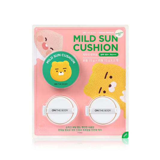 ON:THE BODY X KAKAO FRIENDS MILD SUN CUSHION SPF 50+ PA+++ 15g + Refill 15g x 2EA ์จ๋๋ฐ๋ X ์นด์นด์คํ๋ ์ฆ ๋ง์ผ๋ ์ ์ฟ ์
 (์ ์๊ทน ์ฌ์ฟ ์
, 100% ๋ฌด๊ธฐ์์ฐจ) SPF 50+ PA+++ 15g + ๋ฆฌํ 15g X 2EA