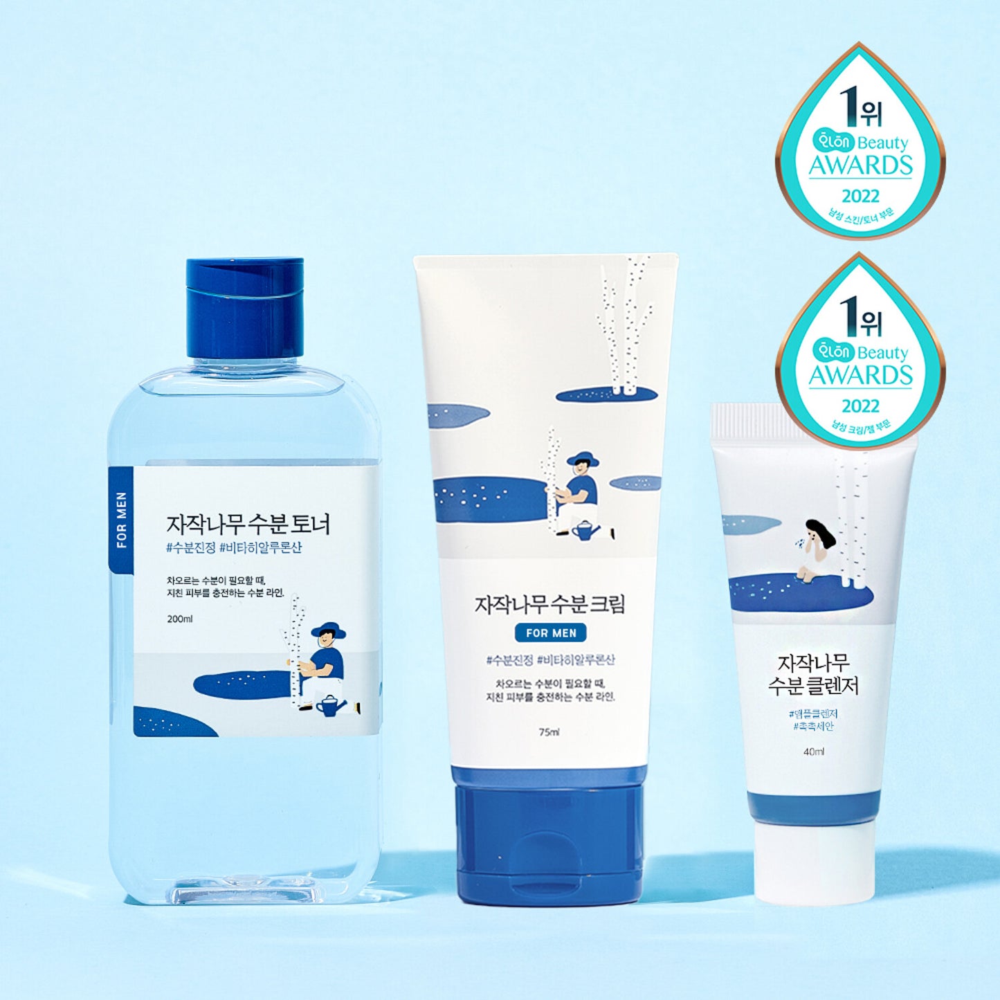 ROUND LAB For Men Birch Juice Toner & Lotion Set (Toner 200ml + Lotion 200ml + Cleanser 40ml) 라운드랩 포 맨 자작나무 토너 & 로션 세트 (토너 200ml + 로션 200ml + 클렌저 40ml) 남성, 옴므