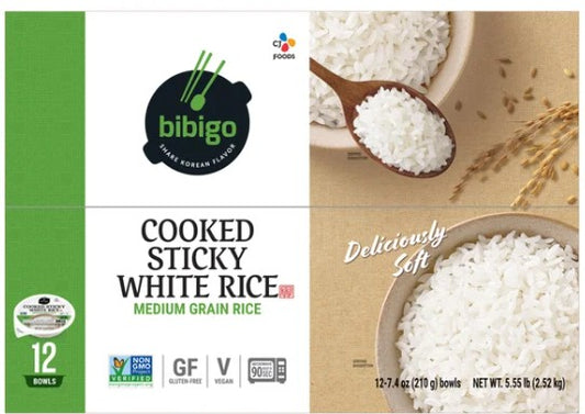 Bibigo Cooked Sticky White Rice Bowls, Medium Grain, 7.4 oz, 12-Count