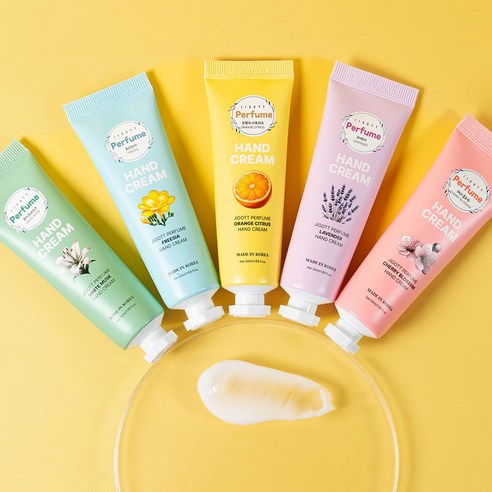 Jigott Perfume Assorted Hand Cream Set of 5 50ml / 1.69 fl.oz ์ง๊ณ ํธ ํผํธ ํธ๋ํฌ๋ฆผ 5์ข
 50ml (Cherry Blossom/White Musk/Orange Citrus/Freesia/Lavender)