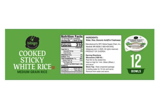 Bibigo Cooked Sticky White Rice Bowls, Medium Grain, 7.4 oz, 12-Count