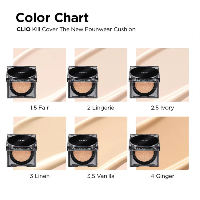 CLIO Kill Cover The New Founwear Cushion SPF50+/PA+++ 15g 0.52 oz + Refill 클리오 킬 커버 더 뉴 파운웨어 쿠션 SPF50+/PA+++ 15g 0.52 oz+ Refill