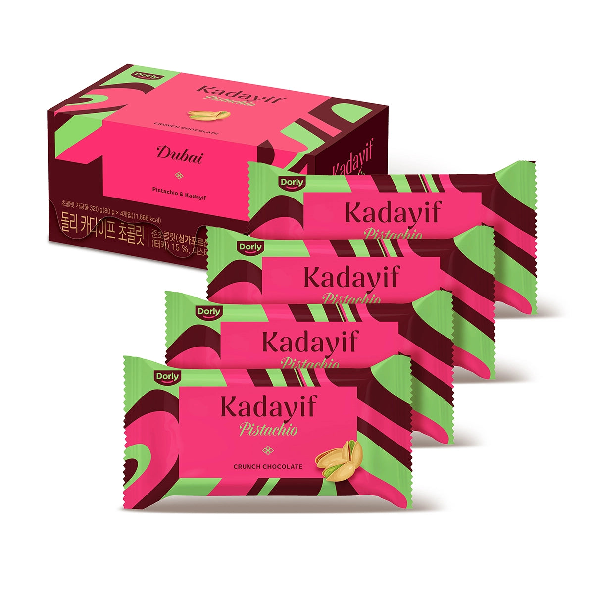 Dorly Kadayif Pistachio Crunch Milk Chocolate 320g (80g x 4EA) dubai 돌리 카다이프 피스타치오 크런치 밀크 초콜릿 320g  (80g x 4개입) 두바이초콜릿