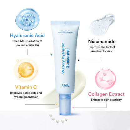 Abib Watery Hyaluron Sunscreen Moisture Tube SPF 30 Broad Spectrum 50ml 아비브 워터리 히알루론 선스크린 모이스처 튜브 SPF30 Broad Spectrum 50ml