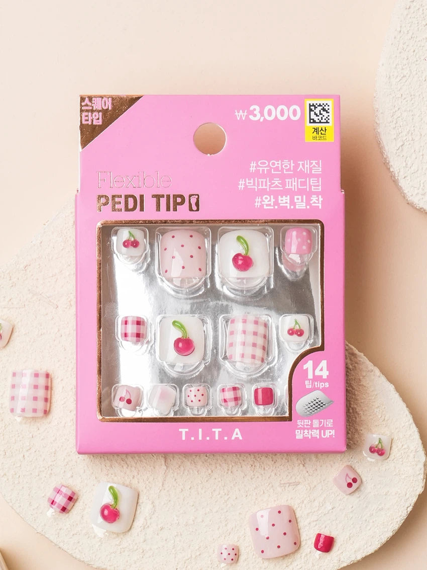 T.I.T.A Press Flexible Square Pedi Tips #2 티타프레스 플렉시블 스퀘어 페디팁 #2 Cherry Pink Check