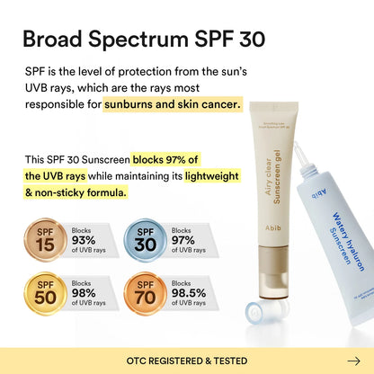 Abib Airy Clear Sunscreen Gel Smoothing Tube SPF 30 Broad Spectrum 30 mL / 1.01 fl. oz 아비브 에어리 클리어 선스크린 젤 스무딩 튜브 SPF30 Broad Spectrum 30 mL / 1.01 fl. oz