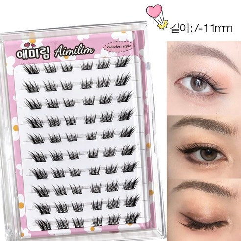 AMILIM Natural No Glue Cluster Eyelashes Reusable Bulk 11mm Lightweight Fox-Eye Extension Effect 애미림 노글루 가닥손눈썹 11mm 여우디자인 여우속눈썹 속눈썹 대용량 재사용 가능