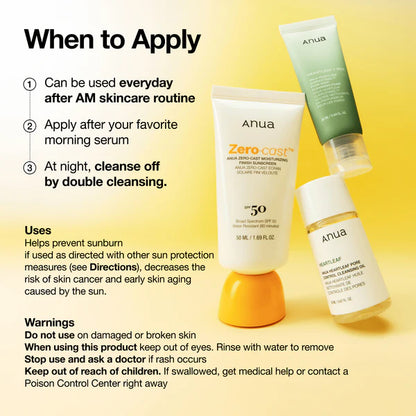 ANUA Zero-Cast Moisturizing Finish Sunscreen SPF 50 50mL 아누아 제로캐스트 데일리 투명 수분 선크림 SPF 50 50mL