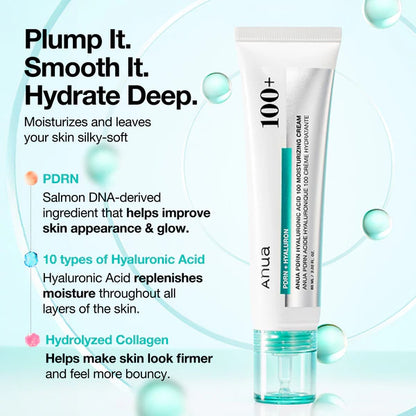ANUA PDRN Hyaluronic Acid 100 Moisturizing Cream 60ml / 2.02 fl. oz. 아누아 PDRN 히알루론산 100 수분 크림 60ml / 2.02 fl. oz.