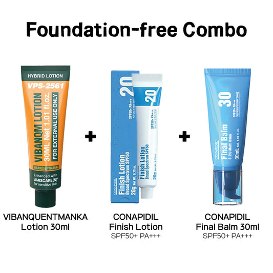 Foundation-Free Combo: Natural Glow Radiance Routine (VIBANQUENTMANKA LOTION 30ml + CONAPIDIL Finish Lotion SPF50+ PA+++ 20g + CONAPIDIL Final Balm 30ml) 파운데이션-프리 콤보 : 비반콴트망카 로션 30ml + 코나피딜 피니쉬 로션 SPF50+ PA+++ 20g + 코나피딜 파이널 밤 30ml