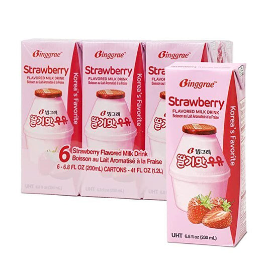 [PACK OF 6] BINGGRAE STRAWBERRY FLAVORED MILK DRINK 200ml 빙그레 딸기맛 우유 200ml